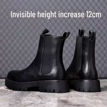 Мужские высокие ботинки Martin из натуральной кожи в британском стиле, толстая подошва, увеличение высоты на 8 см 96116, flat heel, size 39 чёрный