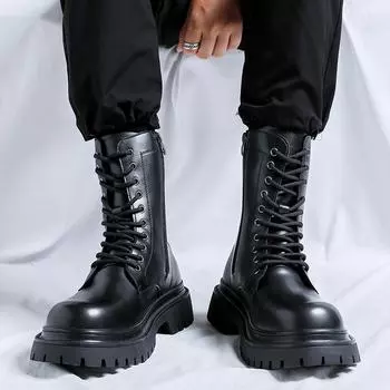 Мужские высокие ботинки на толстой подошве, универсальные, черного цвета, в минималистичном стиле, для отдыха на природе, модные, для вечеринок, для мотоциклистов, повседневные, молодежные, качественные ботинки 38 чёрный