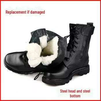 Мужские высокие черные армейские ботинки с шерстяной подкладкой — теплые, нескользящие, кожаные, с застежкой-молнией для осени/зимы Size 37