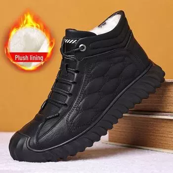 Мужские высокие кожаные ботинки для снега с бархатной подкладкой — теплые, с мягкой подошвой для универсальной зимней моды 39 коричневый