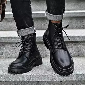 Мужские высокие кожаные ботинки из натуральной кожи, дышащие рабочие ботинки, туфли из телячьей кожи, черные осенние мужские ботинки для мотоциклистов со средним голенищем 38