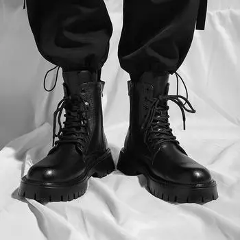 Мужские высокие кожаные ботинки на толстой подошве. Модный минималистский дизайн, застежка-молния. Мужские ботинки для отдыха на природе и вечеринок. 38 чёрный