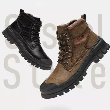 Мужские высокие кожаные уличные ботинки плюс бархатные нескользящие водонепроницаемые зимние ботинки Мотоциклетные ботинки 39 чёрный