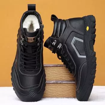 Мужские высокие кожаные зимние ботинки с утолщенной шерстяной подкладкой 42