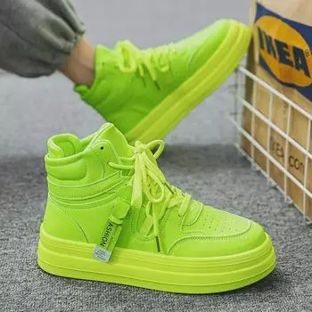 Мужские высокие кроссовки — новые осенние модели, толстая подошва, визуально увеличивающая рост, модный флуоресцентный зеленый цвет, трендовый гонконгский стиль. 44