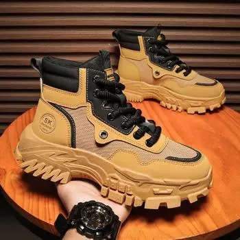 Мужские высокие кроссовки с нескользящей толстой подошвой, повседневные туфли со шнуровкой 39 чёрный