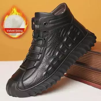 Мужские высокие нескользящие кожаные зимние ботинки с подкладкой из хлопка, бархата и шерсти 43 хаки