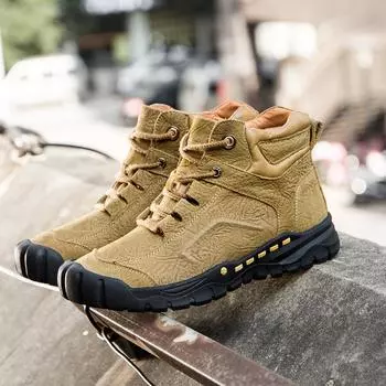 Мужские высокие нескользящие походные ботинки для активного отдыха Зимние высокие ботинки из натуральной кожи для снега Теплые бархатные хлопковые ботинки 38