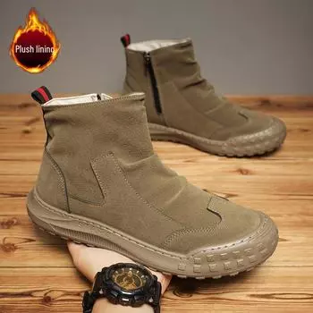 Мужские высокие плюшевые ботинки в стиле ретро из замши — грязеотталкивающие, теплые, повседневные, для осени и зимы. 42 чёрный