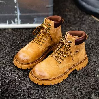 Мужские высокие походные ботинки из желтой кожи в британском стиле - осенняя ретро-рабочая одежда 43