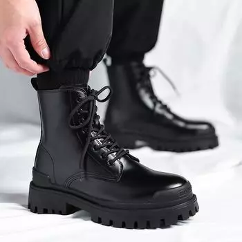 Мужские высокие сапоги на платформе, модные рыцарские сапоги с толстым каблуком и острым носком, классические ботинки «Челси», высокие кожаные туфли 38 чёрный