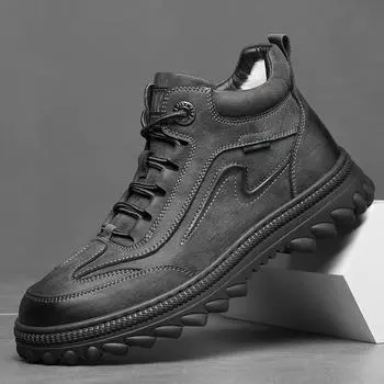 Мужские высокие водонепроницаемые зимние ботинки из кожи и шерсти, нескользящая обувь для отдыха на открытом воздухе из хлопка Size 42