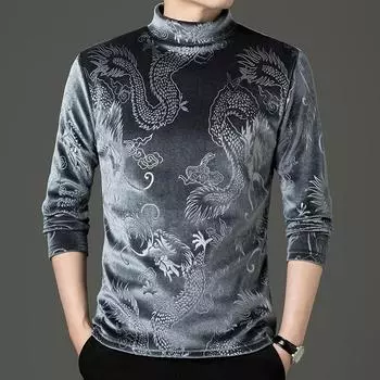 Мужские высококачественные нижние рубашки с высоким воротом из золотистого бархата, популярная рубашка с рисунком дракона на осень-зиму из золотистого бархата, толстая базовая рубашка M чёрный