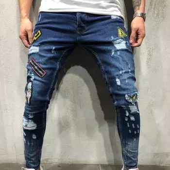 Мужские высококачественные узкие узкие брюки в стиле хип-хоп, рваные узкие брюки, новые мужские узкие джинсы со значком L