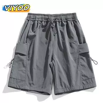Мужские Y2K повседневные летние быстросохнущие брюки-карго из ледяного шелка с широкими штанинами Спортивные шорты для фитнеса Тренажерный зал Беговые брюки для бега Мужские Techwear L чёрный