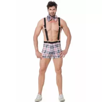 Мужские забавные клетчатые подтяжки, сексуальное нижнее белье, смешной ролевой костюм студента без стрингов M