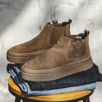 Мужские замшевые ботинки Chelsea средней высоты без застежек — зимние в ретро-британском стиле с бархатной подкладкой 42