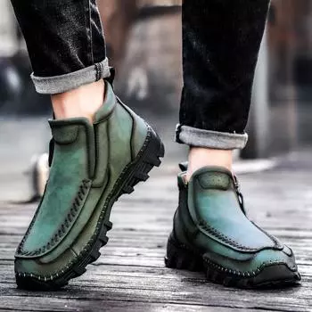 Мужские зеленые зимние ботинки, обувь для вождения, походные ботинки, повседневные ретро-мужские уличные ботинки с широким голенищем, ботильоны с мехом, большие размеры, противоскользящие EU:46 коричневый