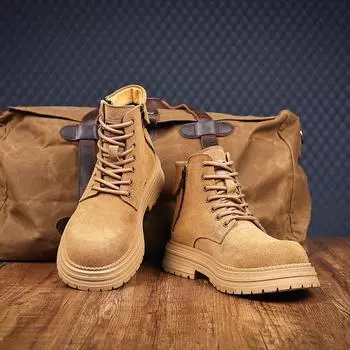 Мужские желтые ботинки Martin 2024 года из натуральной кожи, на толстой подошве в стиле ретро, увеличивающие рост, универсальные высокие рабочие ботинки. 43 зелёный