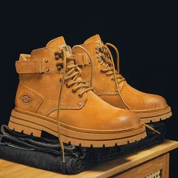 Мужские желтые кожаные ботинки Martin: Толстая подошва, бархатная подкладка, водонепроницаемые, увеличивающие рост, устойчивые к ударам, повседневные рабочие ботинки для осени и зимы. 2302, Plus Velvet, 40 жёлтый