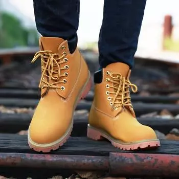 Мужские желтые зимние ботинки Martin Plus Velvet - средней высоты, высокие, британский стиль, теплый хлопок, большой размер 44