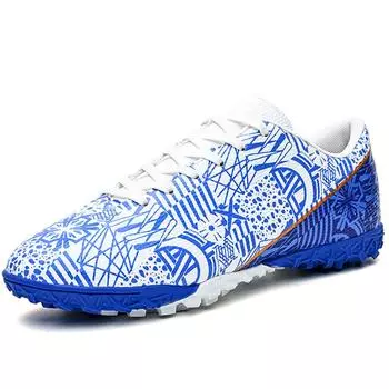 Мужские/женские футбольные бутсы с низким берцем, резиновая мягкая подошва, короткие гвозди, искусственная кожа, молодежные детские футбольные бутсы 35 белый/синий