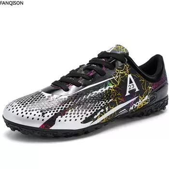 Мужские/женские синие и белые фарфоровые футбольные бутсы, резиновая мягкая подошва с короткими ногтями, искусственный газон, молодежные детские футбольные бутсы 35 циан/белый