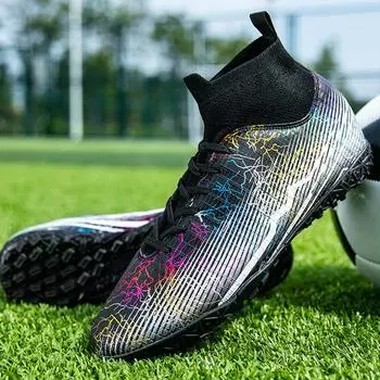 Мужские/женские высокие футбольные бутсы, высокие эластичные носки, искусственный газон, короткие гвозди, футбольные тренировочные кроссовки для маленьких детей 35 чёрный