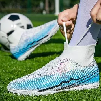 Мужские/женские высокие футбольные бутсы, высокие эластичные носки, искусственный газон, короткие гвозди, футбольные тренировочные кроссовки для маленьких детей 35 чёрный