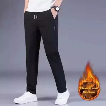 Мужские зимне-осенние брюки Толстые плюшевые эластичные талии на шнурке Прямые свободные карманы Сплошной цвет Мягкие повседневные спортивные брюки Мужские весенние спортивные штаны