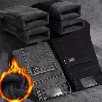 Мужские зимние эластичные утепленные джинсы мужские утолщенные свободные прямые теплые с фланелевыми брюками осенние и зимние брюки 28