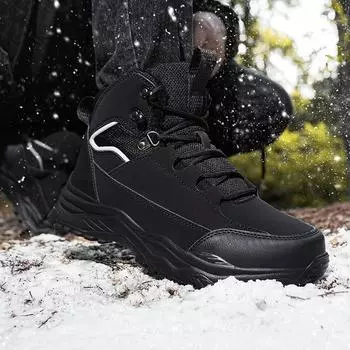 Мужские зимние бархатные ботинки для снега, повседневные теплые хлопковые ботинки на шнуровке из искусственной кожи, большие высокие толстые нескользящие водонепроницаемые ботинки 39-48 39 чёрный