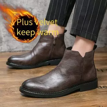 Мужские зимние ботильоны, повседневные ботинки челси в стиле ретро с мехом, мужские туфли-крылышки, формальные кожаные свадебные ботинки под смокинг EU:38 чёрный