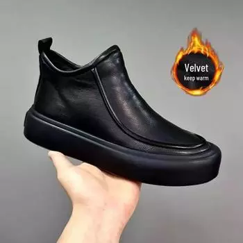 Мужские зимние ботинки челси — британский стиль, теплый бархат, кожа, модный высокий верх, универсальный хлопок. 42