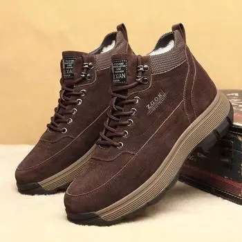 Мужские зимние ботинки из кожи с добавлением шерсти 2024 года — нескользящие, теплые, с толстым высоким голенищем для повседневной носки. 39 коричневый