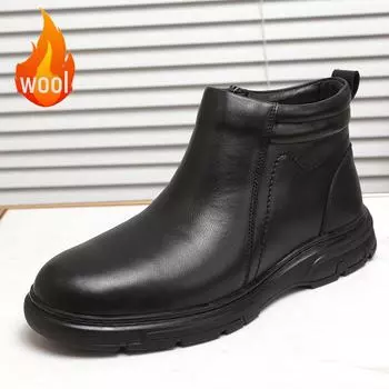 Мужские зимние ботинки из натуральной кожи с овчиной и мехом 2024 года – удобная, теплая, повседневная обувь из хлопка 44 чёрный