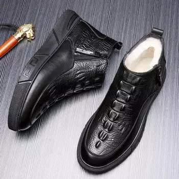 Мужские зимние ботинки из телячьей кожи с крокодиловым узором и хлопковой подкладкой из шерсти чёрный