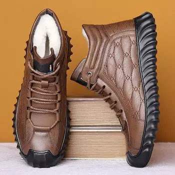 Мужские зимние ботинки, кожаная обувь, хлопковые теплые плюшевые ботинки с круглым носком, на шнуровке 44 чёрный