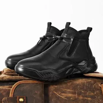 Мужские зимние ботинки с защитой щиколотки, повседневные кожаные туфли, без застежек, сохраняющие тепло, удобные, модные, универсальные, высокоэластичные, мужские защитные ботинки 39 чёрный