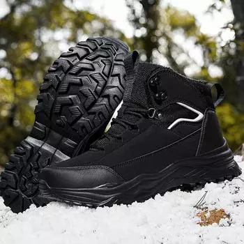 Мужские зимние ботинки средней высоты с толстой подошвой, плюшевые, нескользящие, износостойкие, большого размера, для зимы 39 чёрный