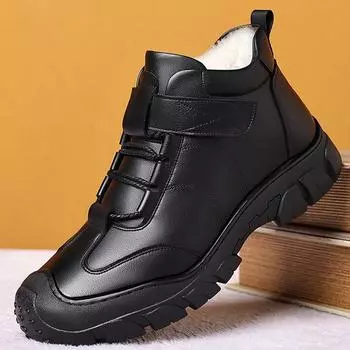 Мужские зимние ботинки, теплые, зимние, бархатные, утолщенные, хлопковые, натуральная кожа, шерсть, нескользящие, для пап среднего и пожилого возраста, большие, хлопковые, кожаные ботинки 38