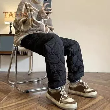 Мужские зимние брюки, утолщенные стеганые брюки с подкладкой из овечьей шерсти и флиса, ветрозащитные брюки прямого кроя с застежкой-шнурком для повседневной носки на открытом воздухе M абрикосовый