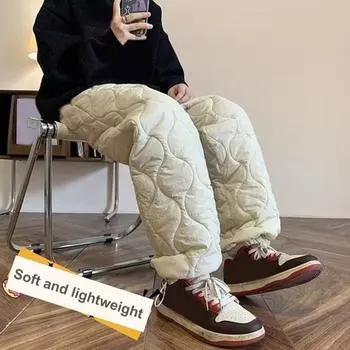 Мужские зимние брюки, утолщенные стеганые брюки с подкладкой из овечьей шерсти и флиса, ветрозащитные брюки прямого кроя с застежкой-шнурком для повседневной носки на открытом воздухе M чёрный