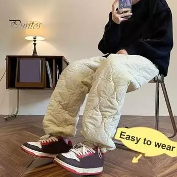 Мужские зимние брюки, утолщенные стеганые брюки с подкладкой из овечьей шерсти и флиса, ветрозащитные брюки прямого кроя с застежкой-шнурком для повседневной носки на открытом воздухе M чёрный