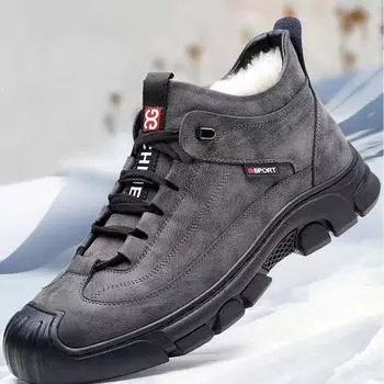 Мужские зимние деловые повседневные теплые кожаные ботинки с меховой подкладкой для походов на открытом воздухе, высокие нескользящие кроссовки с флисовой подкладкой 39 серый