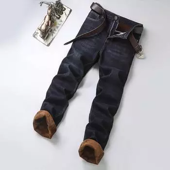 Мужские зимние деловые винтажные джинсы Толстые бархатные прямые брюки Джинсы повседневные бегуны Мужская одежда Коричневые джинсовые брюки Спортивная одежда Узкие джинсы для мужчин 28 синий