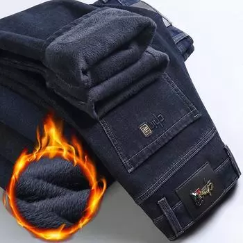 Мужские зимние джинсы 2024 года из утолщенного бархата — высокая талия, прямые штаны, большой размер, эластичные повседневные брюки 32 yards синий