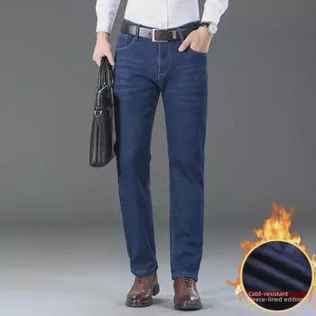 Мужские зимние джинсы на бархатной подкладке: Теплый, деловой, повседневный, свободный крой, эластичный, прямой покрой. 31