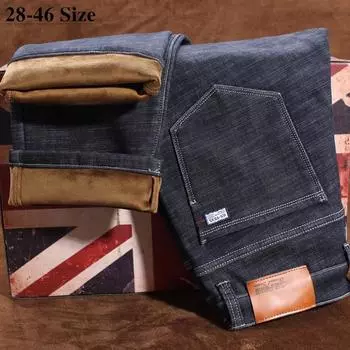 Мужские зимние джинсы, теплые облегающие джинсовые брюки, мужские утепленные брюки, мужские джинсы большого размера, черные синие 33 синий