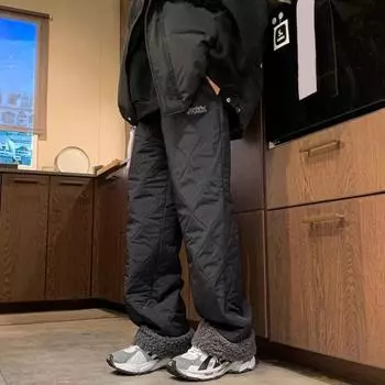 Мужские зимние флисовые брюки с плюшевой подкладкой, ветрозащитные термосвободные брюки с эластичной талией, широкие хлопковые брюки для повседневной носки на открытом воздухе L чёрный